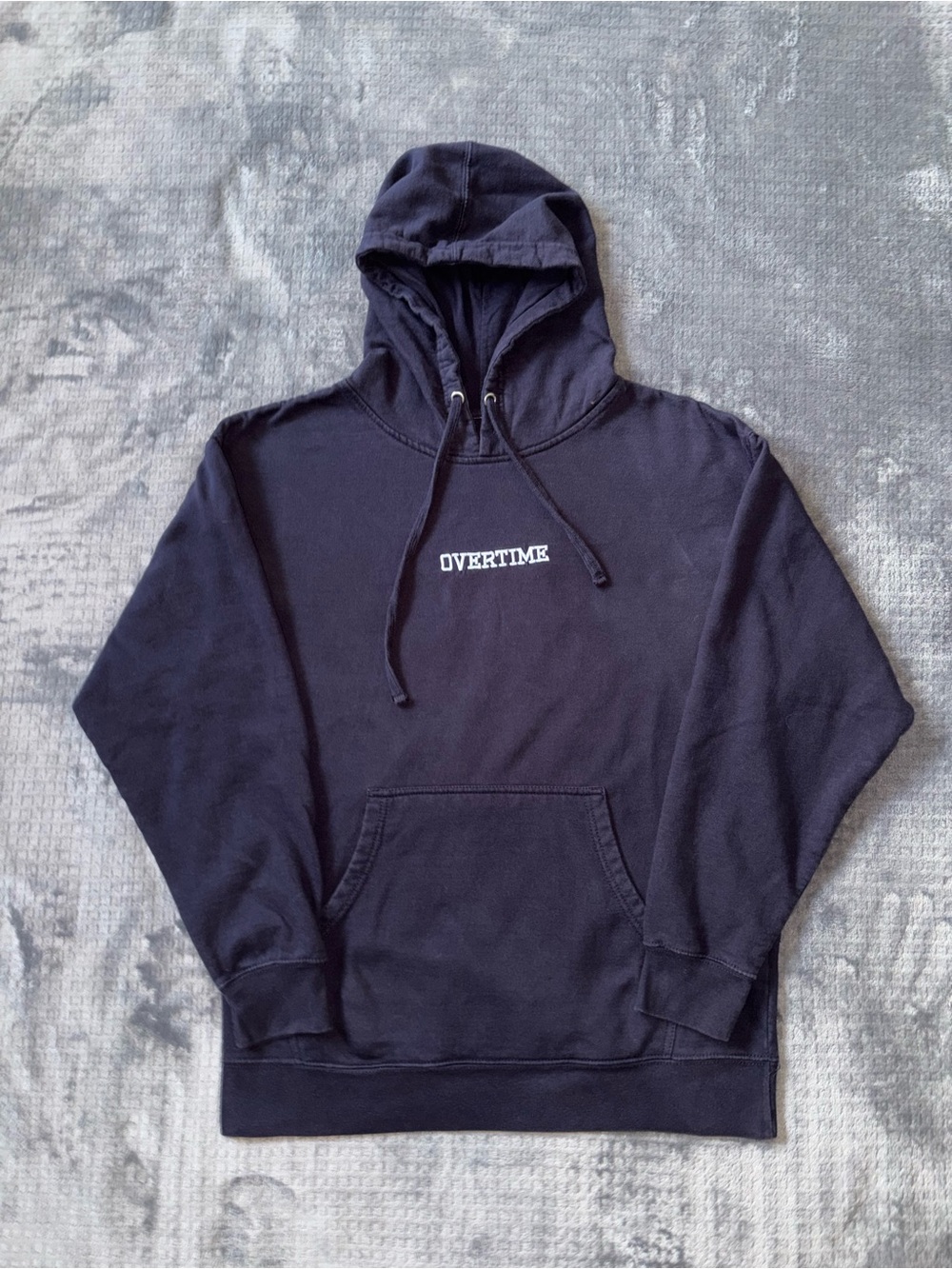 Overtime Spell Out Hoodie Men’s L Navy Blue/Orange Logo Pullover Heavy Cotton